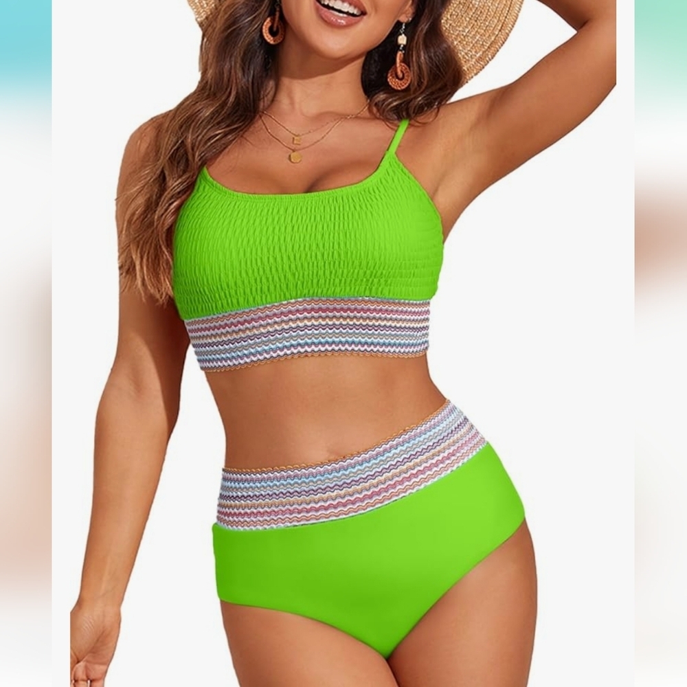 Color Block Trim 2 Piece‎ High Waisted Bikini Scoop Neck Sz S green NWOT